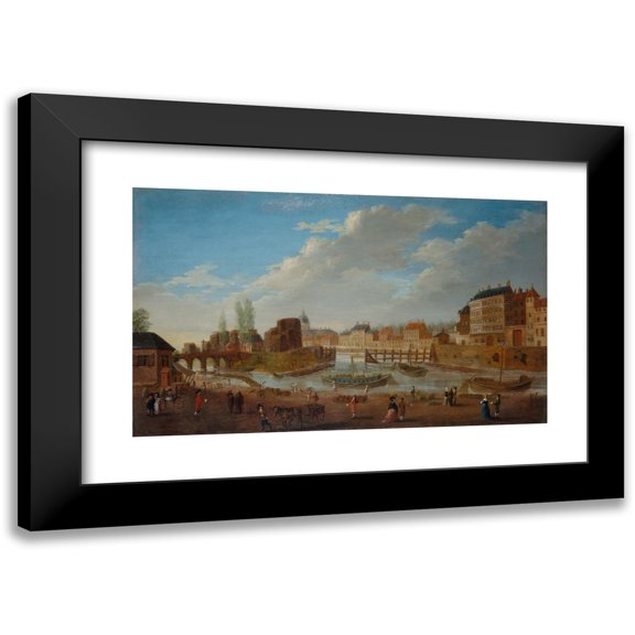 Pierre-Antoine Demachy 14x10 Black Modern Framed Museum Art Print Titled - L'Ile Louviers and the Pointe De L'Ile Saint-Louis, Views of the Port Saint-Paul (Port Des Celestins) (1780)
