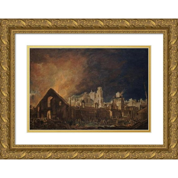Pierre-Antoine Demachy 14x11 Gold Ornate Wood Frame and Double Matted Museum Art Print Titled - The Saint-Germain Fair During the Fire (Night from March 16 to 17, 1762) (1762)