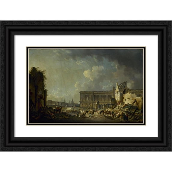Pierre-Antoine Demachy 18x13 Black Ornate Wood Framed Double Matted Museum Art Print Titled - Clearance of the Louvre Colonnade (1756)