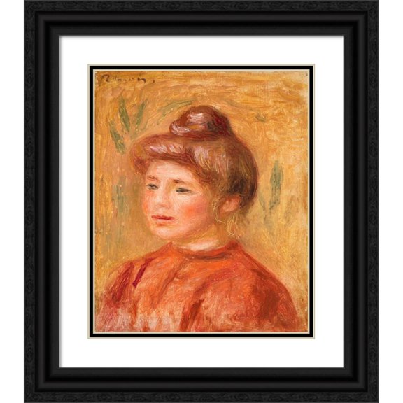Pierre-Auguste Renoir 12x14 Black Ornate Wood Framed Double Matted Museum Art Print Titled: Bust of Woman in Red (Woman in Red) (1905-1908)