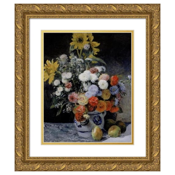 Pierre-Auguste Renoir 12x14 Gold Ornate Wood Frame and Double Matted Museum Art Print Titled - Mixed Flowers in an Earthenware Pot (About 1869)