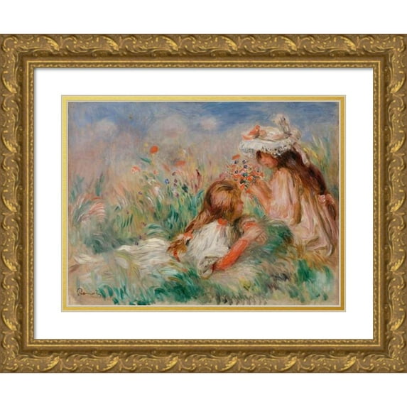 Pierre-Auguste Renoir 14x12 Gold Ornate Wood Frame and Double Matted Museum Art Print Titled - Girls in the Grass Arranging a Bouquet (Little Girl Lying on the Grass and Young Girl Arranging a Bouq