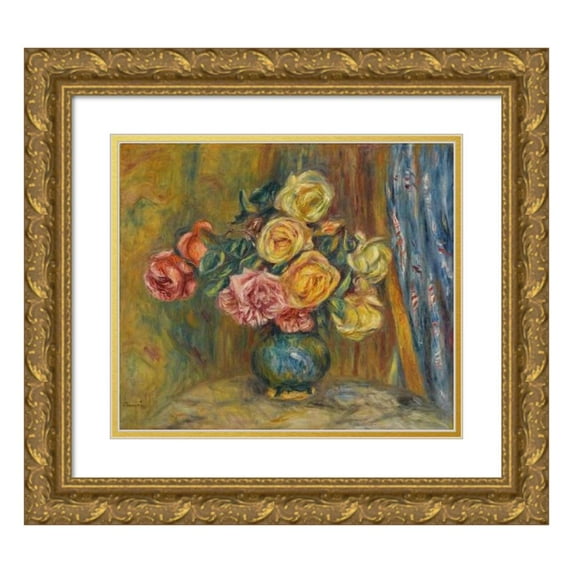 Pierre-Auguste Renoir 23x20 Gold Ornate Framed and Double Matted Museum Art Print Titled - Roses with Blue Curtain (1912)