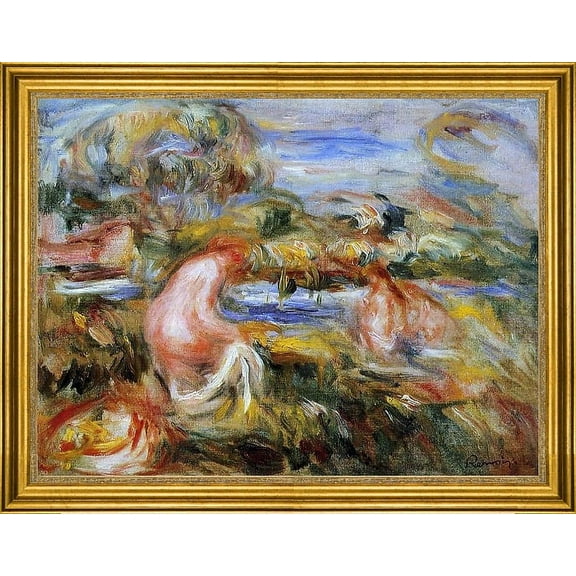 Pierre Auguste Renoir Two Bathers in a Landscape - 18" x 24" Framed Premium Canvas Print