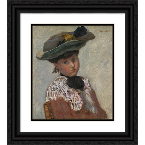 Pierre Bonnard 20x23 Black Ornate Framed Double Matted Museum Art Print Titled: Portrait of Young Woman Gold the Hat (circa 1905)