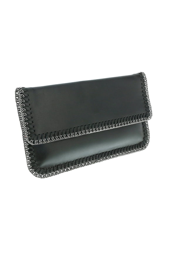 Black Leather Medium Enveloppe Curb Chain Embelished Clutch for Womens