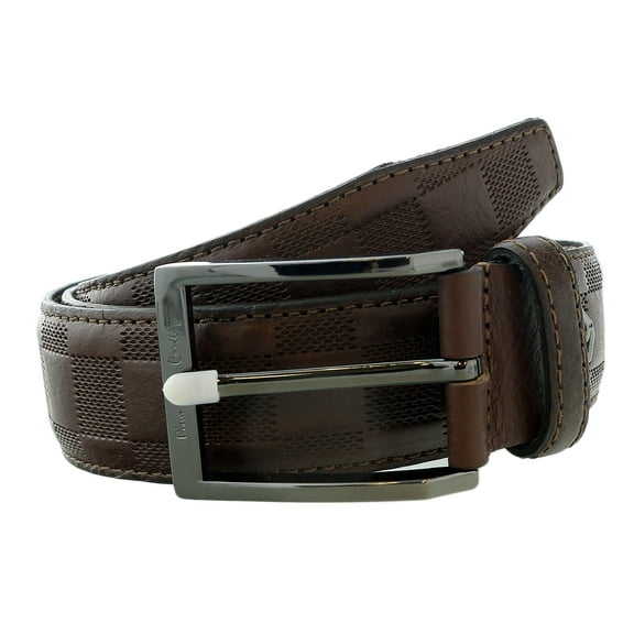 Pierre Cardin Brown Textured Checkered Classic Buckle Adjustable Adjustable Mens Belt-32 for Mens