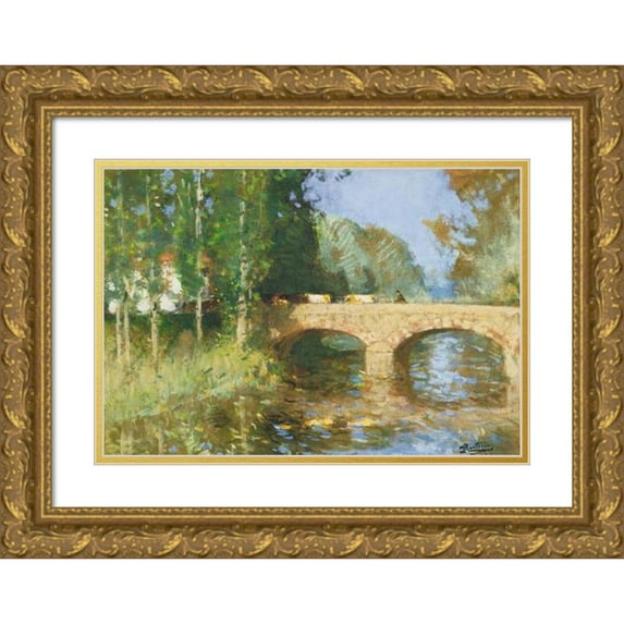 Pierre-Eugène Montézin 18x14 Gold Ornate Wood Frame and Double Matted Museum Art Print Titled - The Bridge Over the River