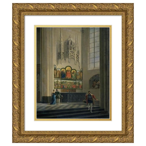 Pierre François De Noter 12x14 Gold Ornate Wood Frame and Double Matted Museum Art Print Titled - The Ghent Altarpiece by the Van Eyck Brothers in St Bavo Cathedral in Ghent (1829)