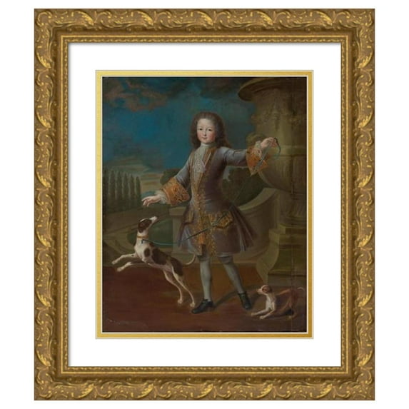 Pierre Gobert 20x24 Gold Ornate Framed and Double Matted Museum Art Print Titled - Portrait of Louis XV with Two Dogs