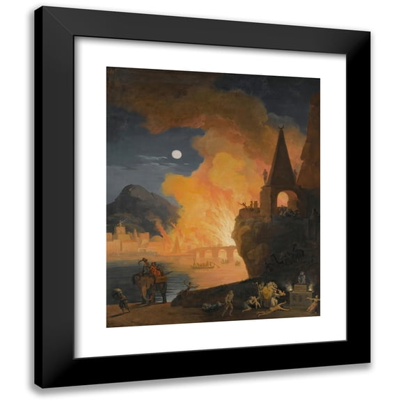 Pierre-Jacques Volaire 12x14 Black Modern Framed Museum Art Print Titled - A Nocturnal Landscape with Figures Fleeing the Fire of Alexandria