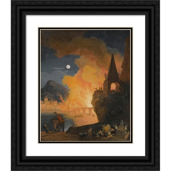 Pierre-Jacques Volaire 15x18 Black Ornate Wood Framed Double Matted Museum Art Print Titled - A Nocturnal Landscape with Figures Fleeing the Fire of Alexandria