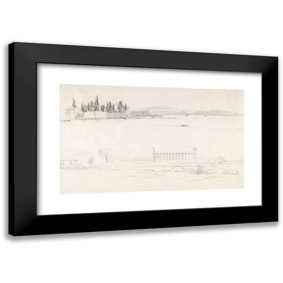 Pierre Louis Dubourcq 14x10 Black Modern Framed Museum Art Print Titled - Studies of the Villa Cicerone at the Lago Lucrino Near Naples and of the Temple at Paestum (Italy) (Mid-19th Century
