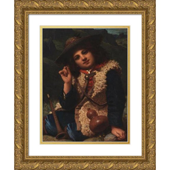 Pierre-Louis-Joseph de Coninck 18x24 Gold Ornate Framed and Double Matted Museum Art Print Titled - Italian Boy in Sheepskin Jacket (ca. 1855)