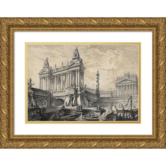 Pierre Moreau 24x17 Gold Ornate Framed and Double Matted Museum Art Print Titled - Architectural Fantasy of a Magnificent Ancient Port (C. 1750)