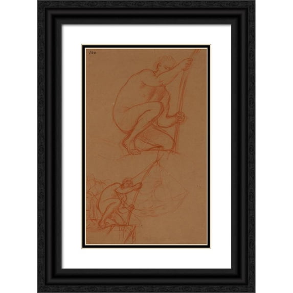 Pierre Puvis de Chavannes 13x18 Black Ornate Wood Framed Double Matted Museum Art Print Titled - Two Human Studies Lifting a Tile (1854-1855)