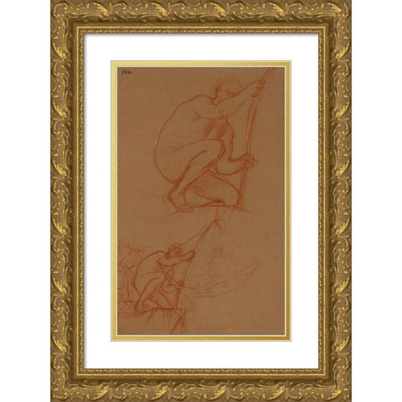 Pierre Puvis de Chavannes 13x18 Gold Ornate Wood Frame and Double Matted Museum Art Print Titled - Two Human Studies Lifting a Tile (1854-1855)