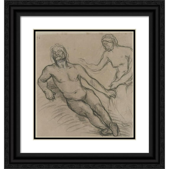 Pierre Puvis de Chavannes 15x16 Black Ornate Wood Framed Double Matted Museum Art Print Titled - Man Lying on the Ground and Woman Seated in Him (1870-1874)