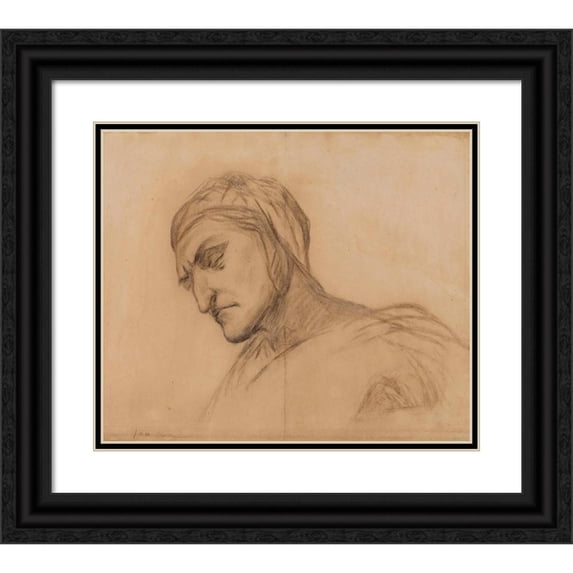 Pierre Puvis de Chavannes 23x20 Black Ornate Framed Double Matted Museum Art Print Titled: Dante, Draped Man's Bust, Head Covered with Three-Quarters on the Left
