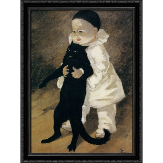 Pierrot and the cat 28x36 Large Black Ornate Wood Framed Canvas Art by Theophile Steinlen