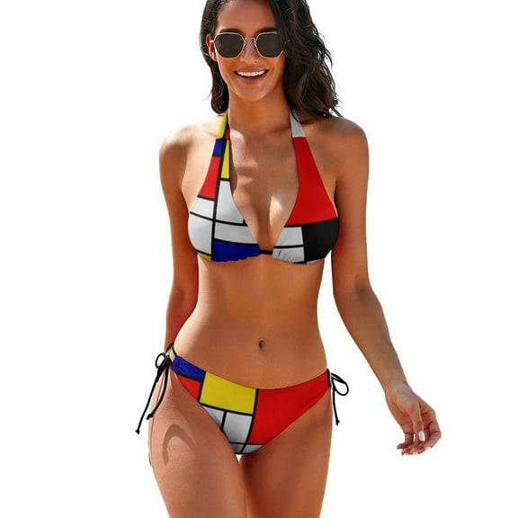 Piet Mondrian Abstract Art Women's Bikini V Neck Swimsuit Set 2 Piece Over Size Bathing Suit Side Triangle Bathing Suit
