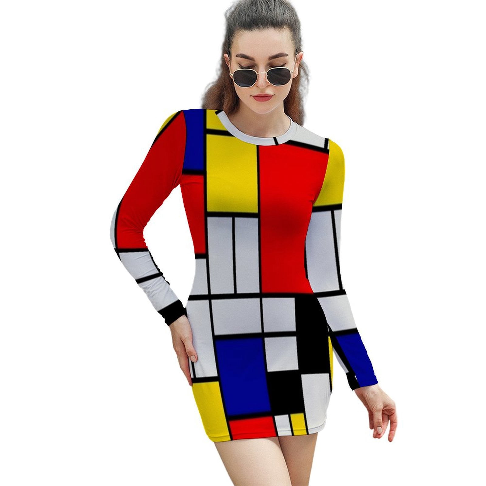 Piet Mondrian Abstract Art Women's Long Sleeve Bodycon Dress Soft ...
