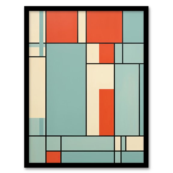 Piet Mondrian Inspired Teal And Coral Abstract Geometry Artwork Artwork Framed Wall Art Print A4