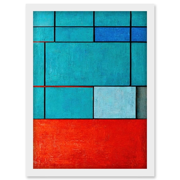 Piet Mondrian Style Teal Red Abstract Harmony Artwork Framed Wall Art Print A4