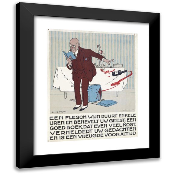 Piet van der Hem 20x24 Black Modern Framed Museum Art Print Titled - Reading Man Accidentally Pushes a Bottle and Glass of Wine from the Table (1921)