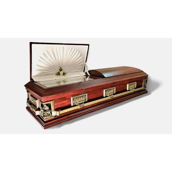 Pieta Design, Premium Wooden Casket, Royal Plum Finish, White Satin Interior, 80L x 28W x 23H inches