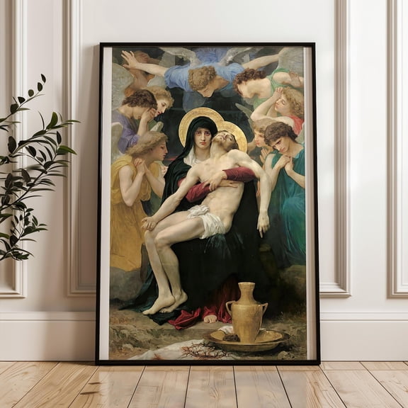 Pieta Mary Holding Jesus Art Print, Bouguereau Poster Wall Decor, Home Prayer Room Decor, Vintage Classic Style