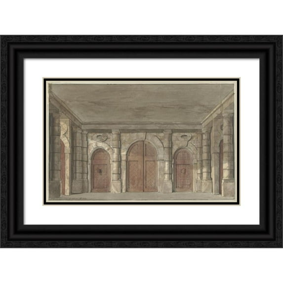 Pieter Barbiers 18x13 Black Ornate Wood Framed Double Matted Museum Art Print Titled - Design for a Theater Decor of a Porch of a Prison (1779)