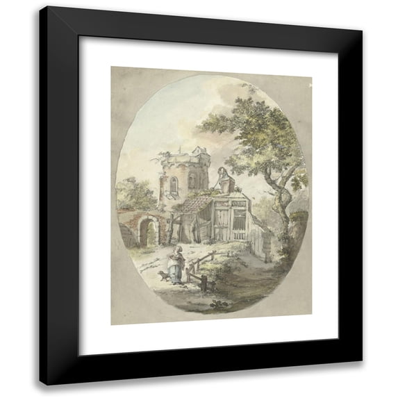Pieter Bartholomeusz. Barbiers 15x18 Black Modern Framed Museum Art Print Titled - Woman with Dog for Building Trap on a Tower (1782 - 1837)