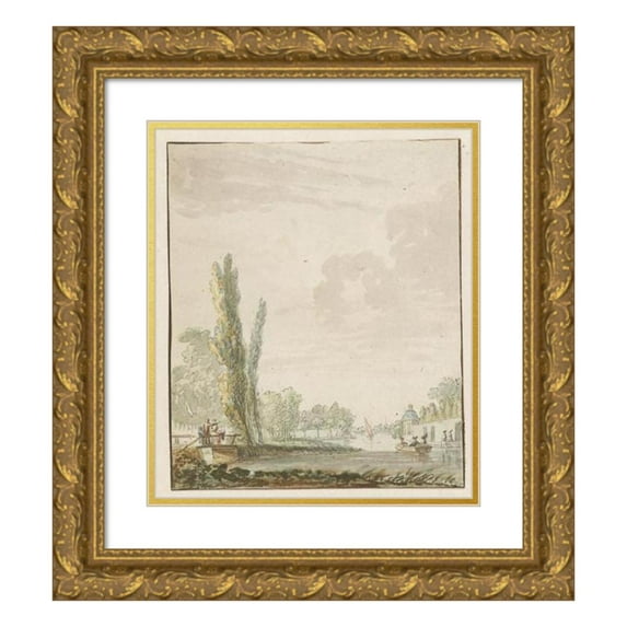 Pieter Bartholomeusz. Barbiers 20x23 Gold Ornate Framed and Double Matted Museum Art Print Titled - Face Along a River with a Tea Dome on the Right (1782 - 1837)