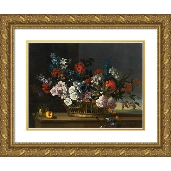 Pieter Casteels III 18x14 Gold Ornate Wood Frame and Double Matted Museum Art Print Titled - Mixed Flowers in a Basket Beside Peaches on a Table, a Landscape Beyond (1715)