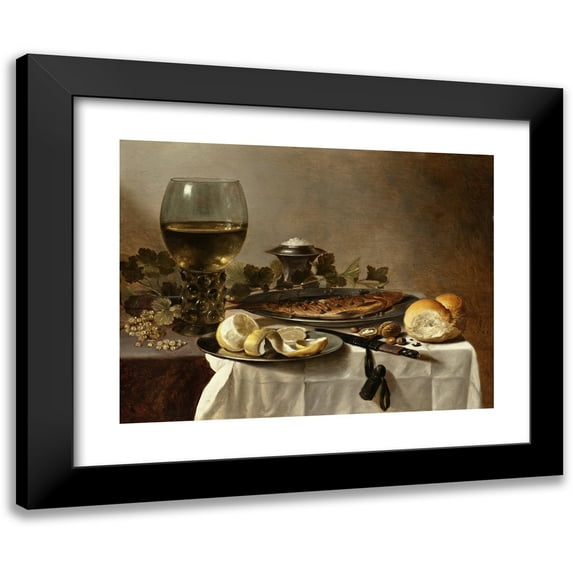 Pieter Claesz 14x12 Black Modern Framed Museum Art Print Titled - Still Life with Herring, Wine and Bread (1647)