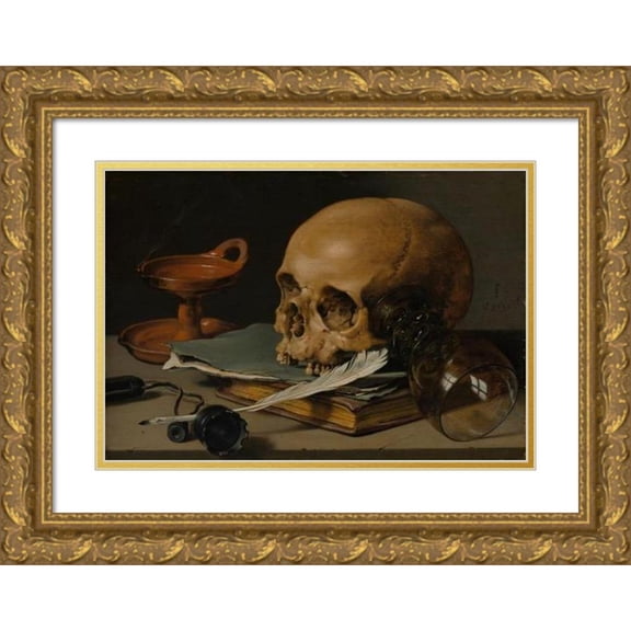 Pieter Claesz 24x18 Gold Ornate Framed and Double Matted Museum Art Print Titled - Still Life with a Skull and a Writing Quill (1628)