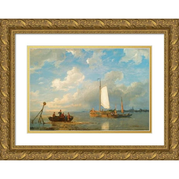Pieter Cornelis Dommersen 24x18 Gold Ornate Framed and Double Matted Museum Art Print Titled - Shipping in a Dutch Estuary at Low Tide (1886)