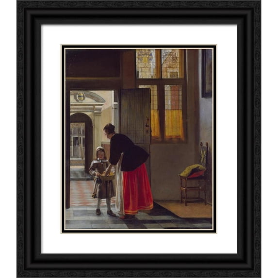 Pieter De Hooch 12x14 Black Ornate Wood Framed Double Matted Museum Art Print Titled: A Boy Bringing Bread (C. 1663)