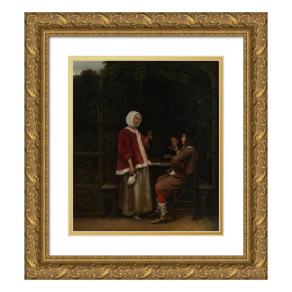 Pieter De Hooch 12x14 Gold Ornate Wood Frame and Double Matted Museum Art Print Titled - A Woman and Two Men in an Arbor (ca. 1657-58)