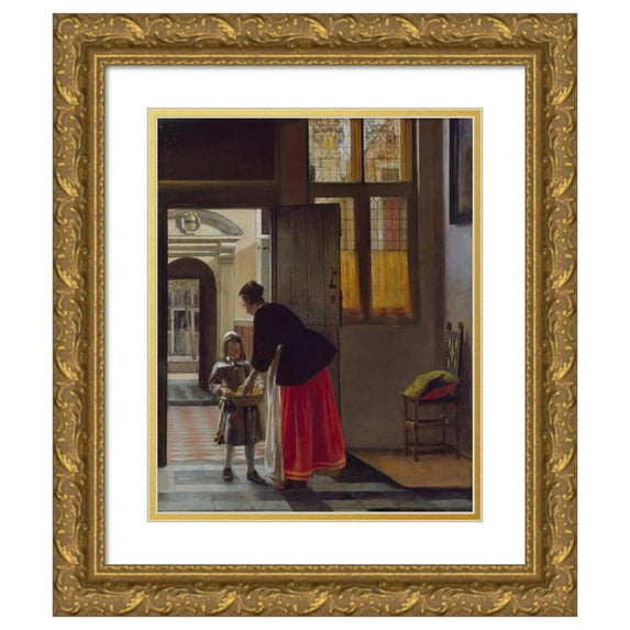 Pieter De Hooch 15x18 Gold Ornate Wood Frame and Double Matted Museum Art Print Titled - A Boy Bringing Bread (C. 1663)
