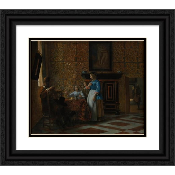 Pieter De Hooch 17x15 Black Ornate Wood Framed Double Matted Museum Art Print Titled - Leisure Time in an Elegant Setting (ca. 1663-65)