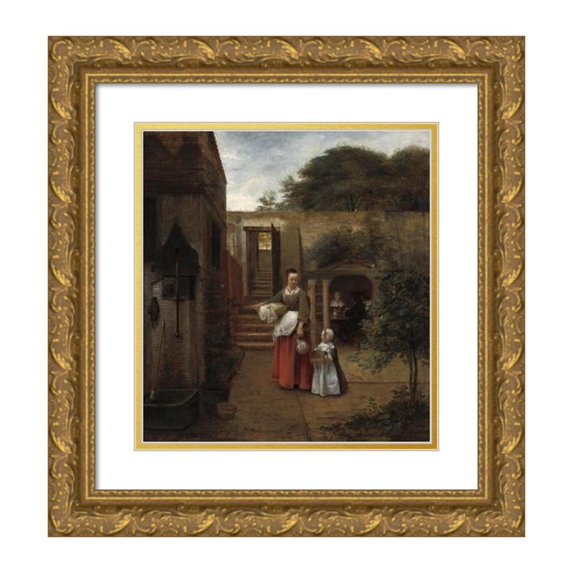 Pieter De Hooch 20x22 Gold Ornate Framed and Double Matted Museum Art Print Titled - Woman and Child in a Courtyard (1658-1660)