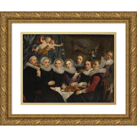 Pieter Fransz. de Grebber 18x15 Gold Ornate Wood Frame and Double Matted Museum Art Print Titled - Theodorus Schrevelius and His Family at the Table (1625)