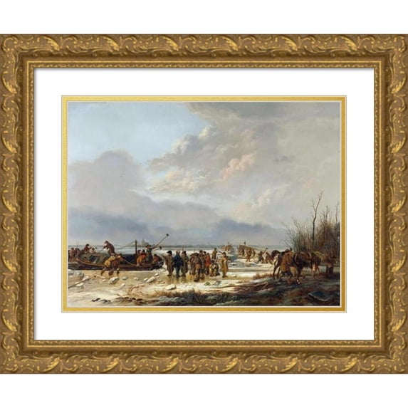 Pieter Gerardus van Os 14x11 Gold Ornate Wood Frame and Double Matted Museum Art Print Titled - Breaking the Ice on the Karnemelkloot, Naarden, January 1814 (1814 - 1815)