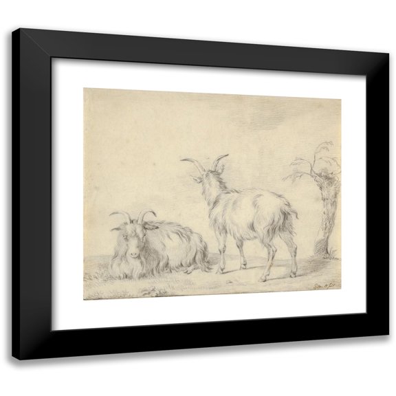 Pieter Gerardus van Os 14x12 Black Modern Framed Museum Art Print Titled - A Standing and a Lying Goat Near a Small Tree (19th Century)