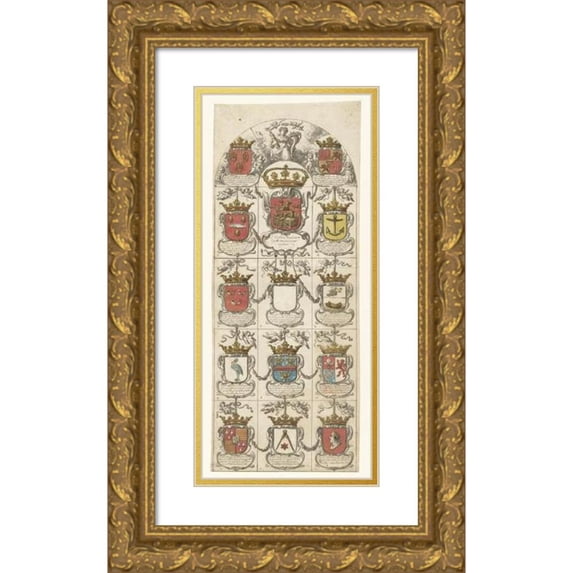 Pieter Jansz. 10x18 Gold Ornate Wood Frame and Double Matted Museum Art Print Titled - Design for Stained Glass Window 4 Donated by the College Ter Admiralty to Amsterdam (1666 - 1669)
