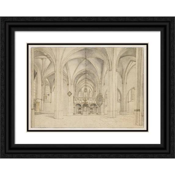 Pieter Jansz Saenredam 14x11 Black Ornate Wood Framed Double Matted Museum Art Print Titled: View of the Nave and Choir of the Sint-Cunerakerk, Rhenen, Looking East (1644)