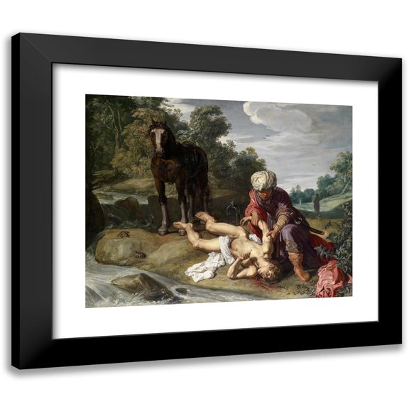 Pieter Lastman 14x12 Black Modern Framed Museum Art Print Titled - The Good Samaritan Tending the Wounds of the Traveller (circa 1612-1615)