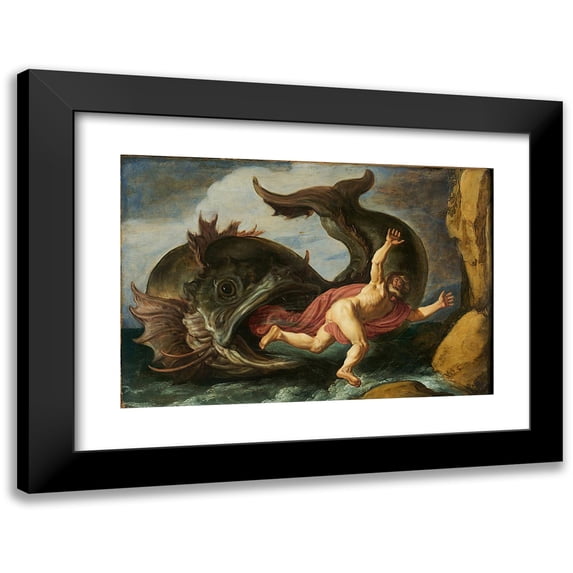 Pieter Lastman 24x18 Black Modern Framed Museum Art Print Titled - Jonah and the Whale (1621)